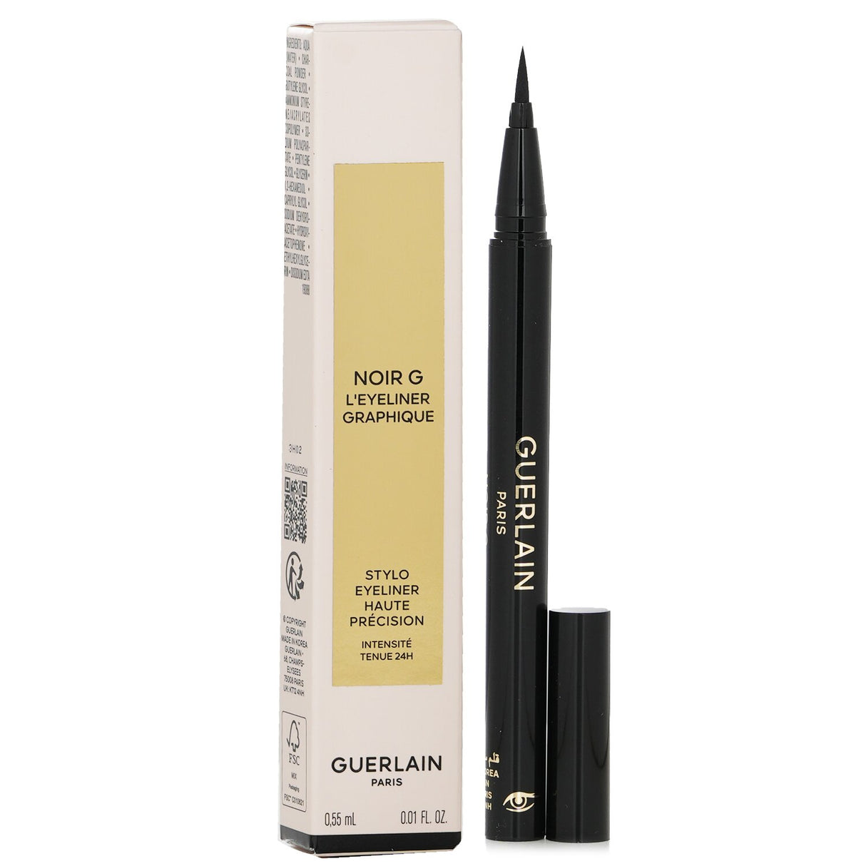 Guerlain Noir G high-precision eyeliner pen in #01 Black, waterproof, matte finish with a flexible tip for customizable lines.