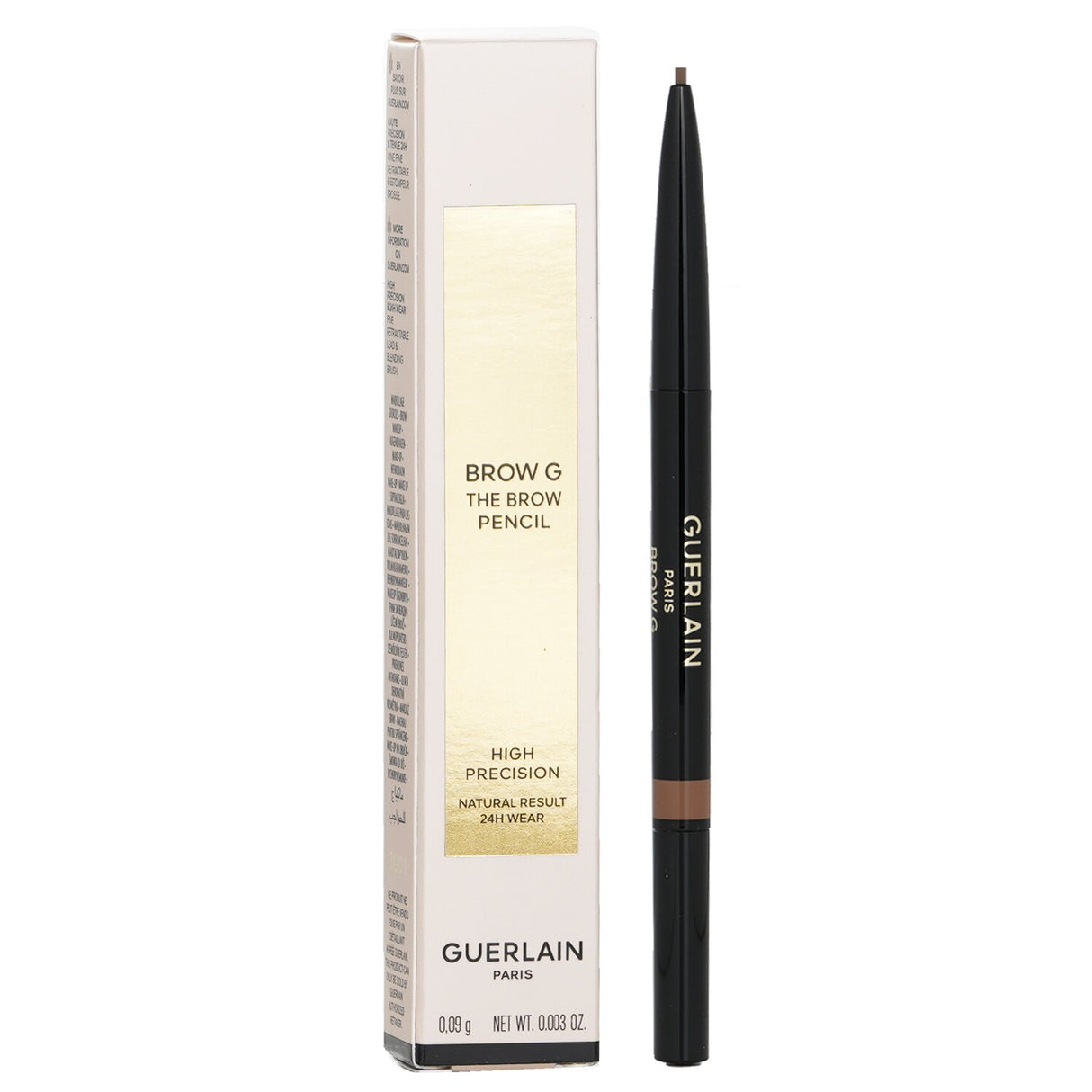 Guerlain Brow G Pencil #01 Blonde, featuring a retractable tip, spoolie brush, and second-skin formula for defined brows.
