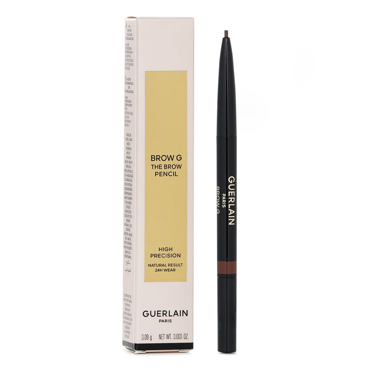 Guerlain Brow G Pencil in #02 Auburn, featuring a retractable tip and spoolie brush for precise, natural-looking brows.