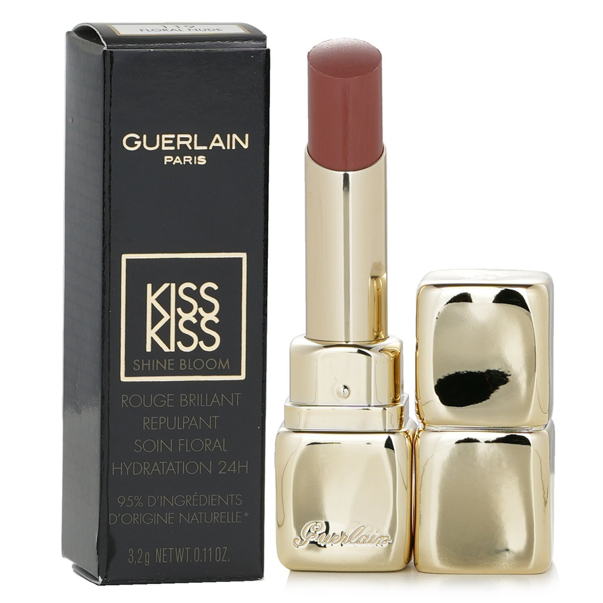 Guerlain KissKiss Shine Bloom Lipstick in #119 Floral Nude, offering creamy color, hydration, and brilliance with natural ingredients.