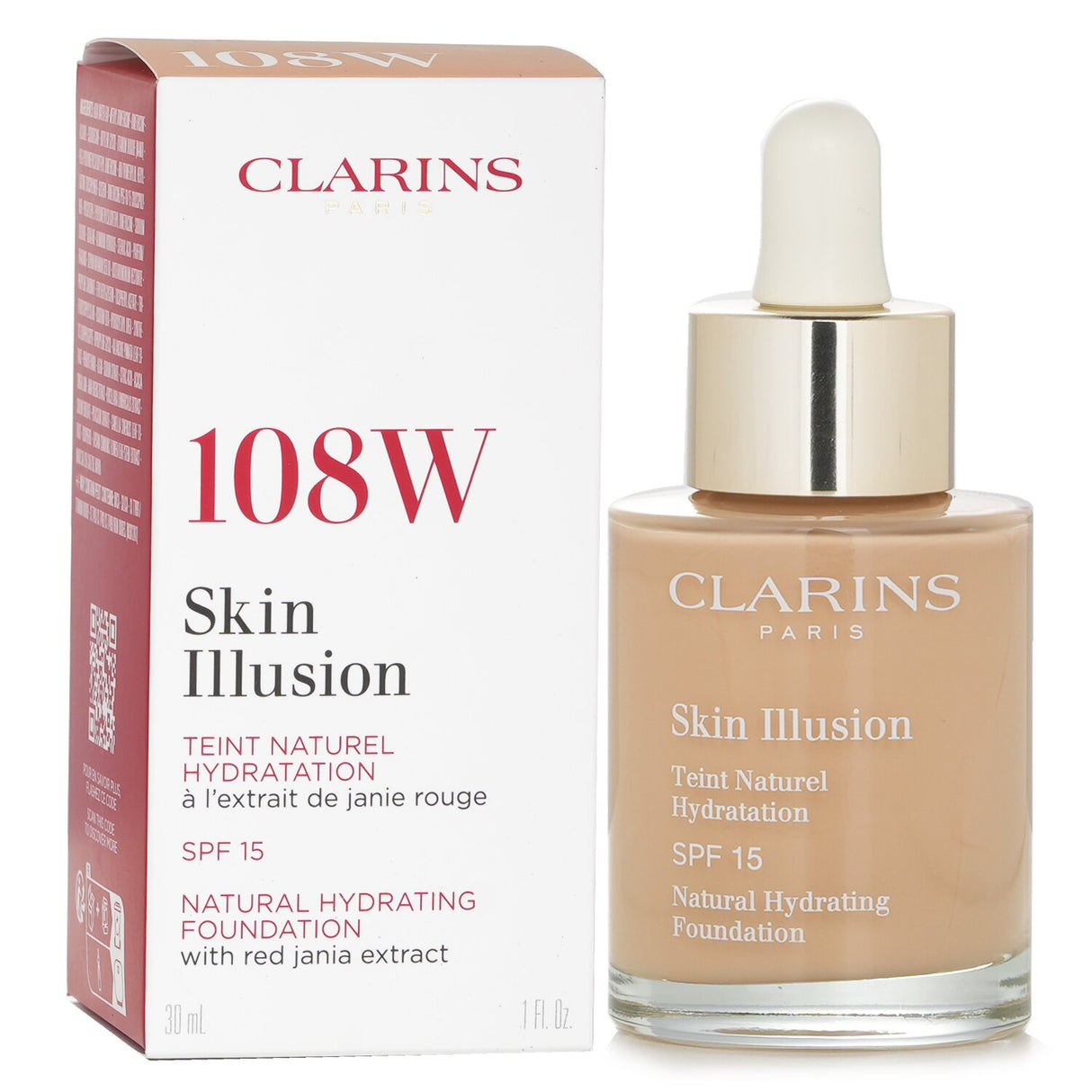 Clarins Skin Illusion Foundation SPF 15 in #108 Sand offers natural coverage, hydration, and UV protection for a radiant finish.