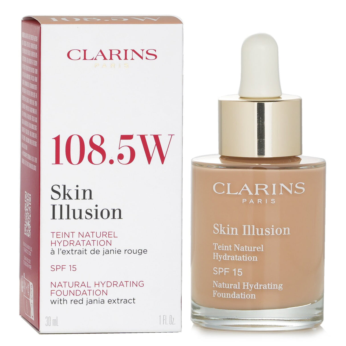 Clarins Skin Illusion Foundation #108.5 Cashew, a hydrating and lightweight formula with SPF 15 for a radiant, natural finish.