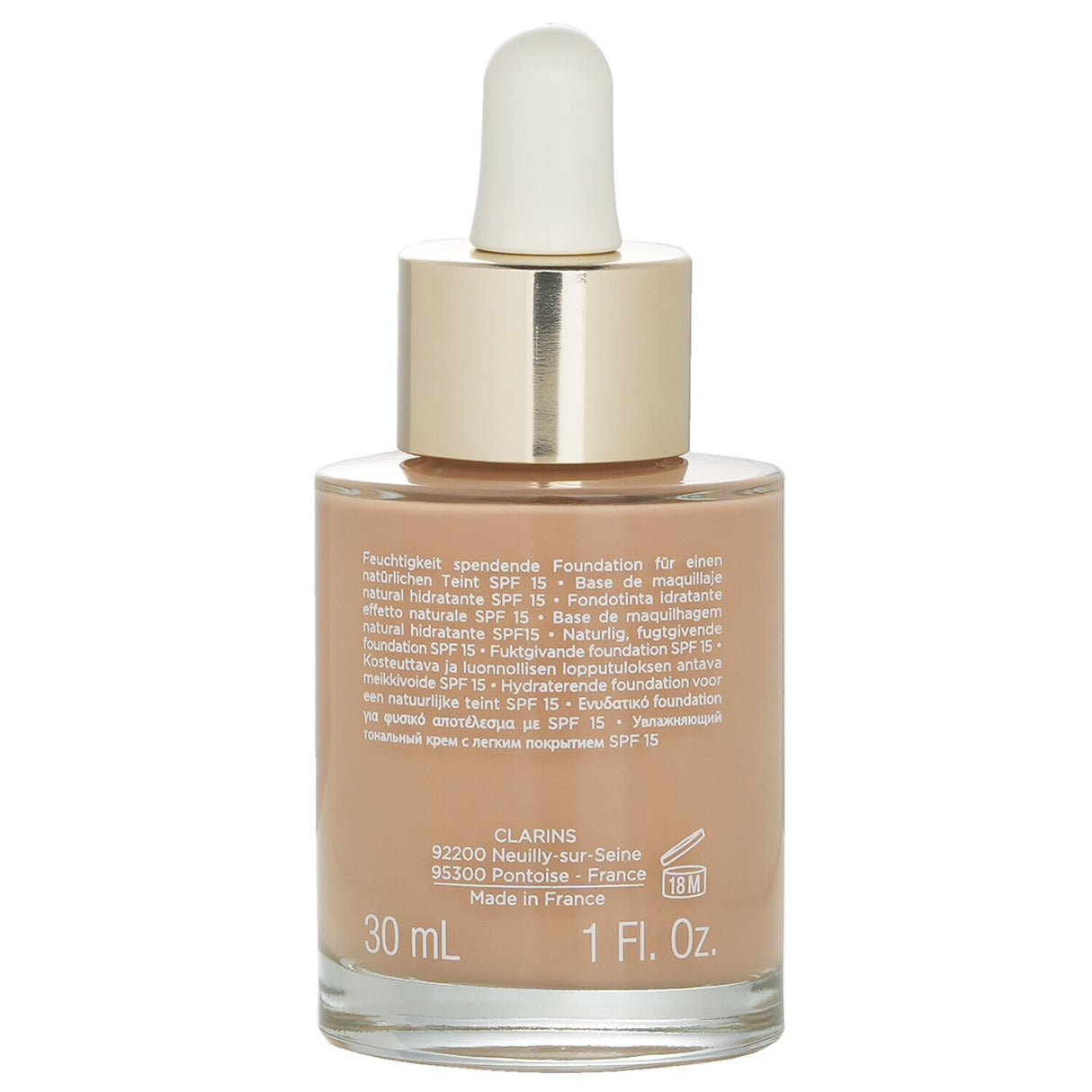 Clarins Skin Illusion Foundation in #108.5 Cashew offers lightweight coverage, hydration, and SPF 15 for a radiant complexion.