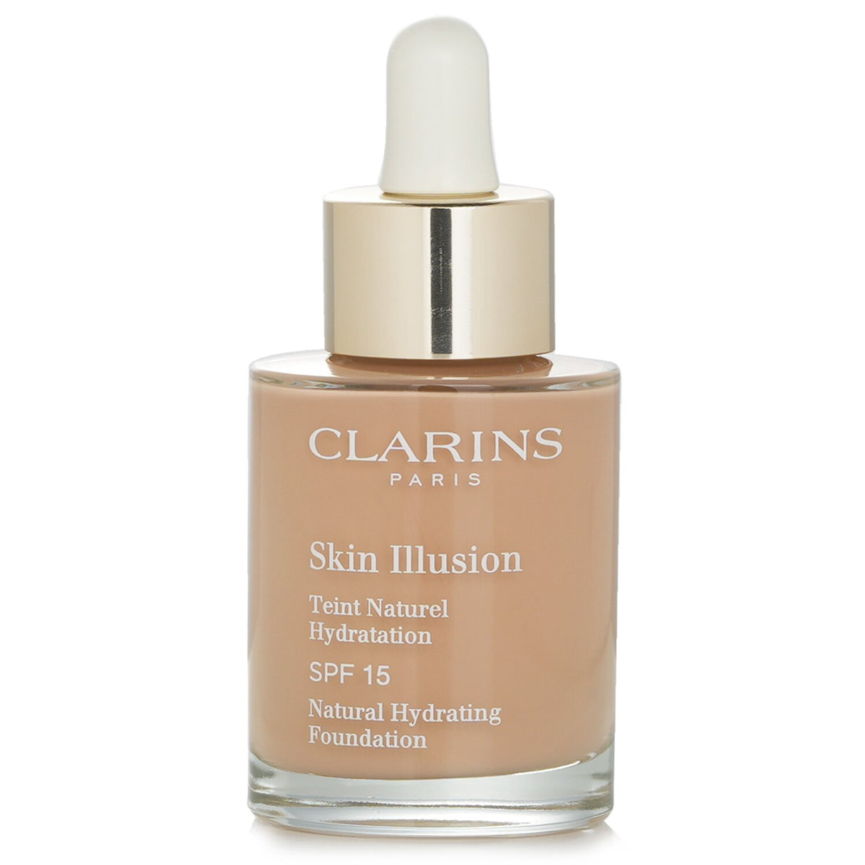 Clarins Skin Illusion Foundation SPF 15 in #108.5 Cashew, a lightweight serum foundation for a radiant, natural finish.