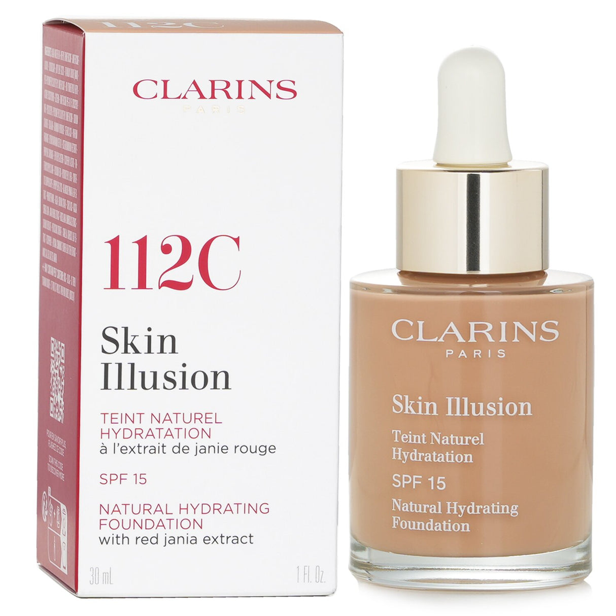 Clarins Skin Illusion Foundation SPF 15 in #112 Amber, with a serum-like texture for a natural, radiant finish.