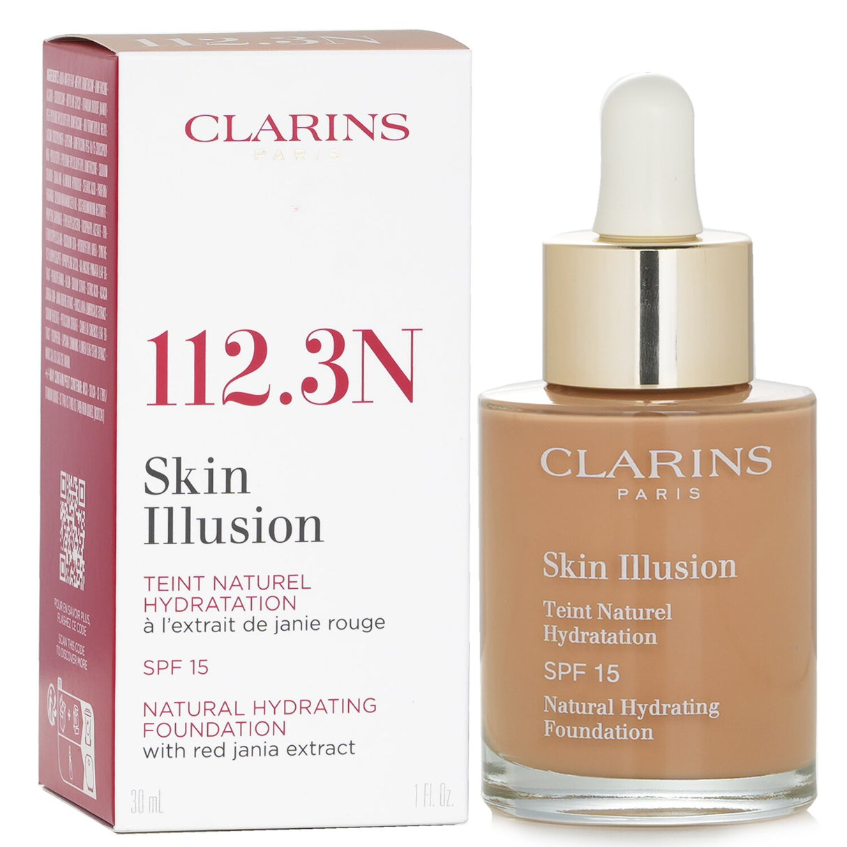 Clarins Skin Illusion Foundation SPF 15 in Shade #112.3 Sandalwood, offering a lightweight, natural finish with UV protection.