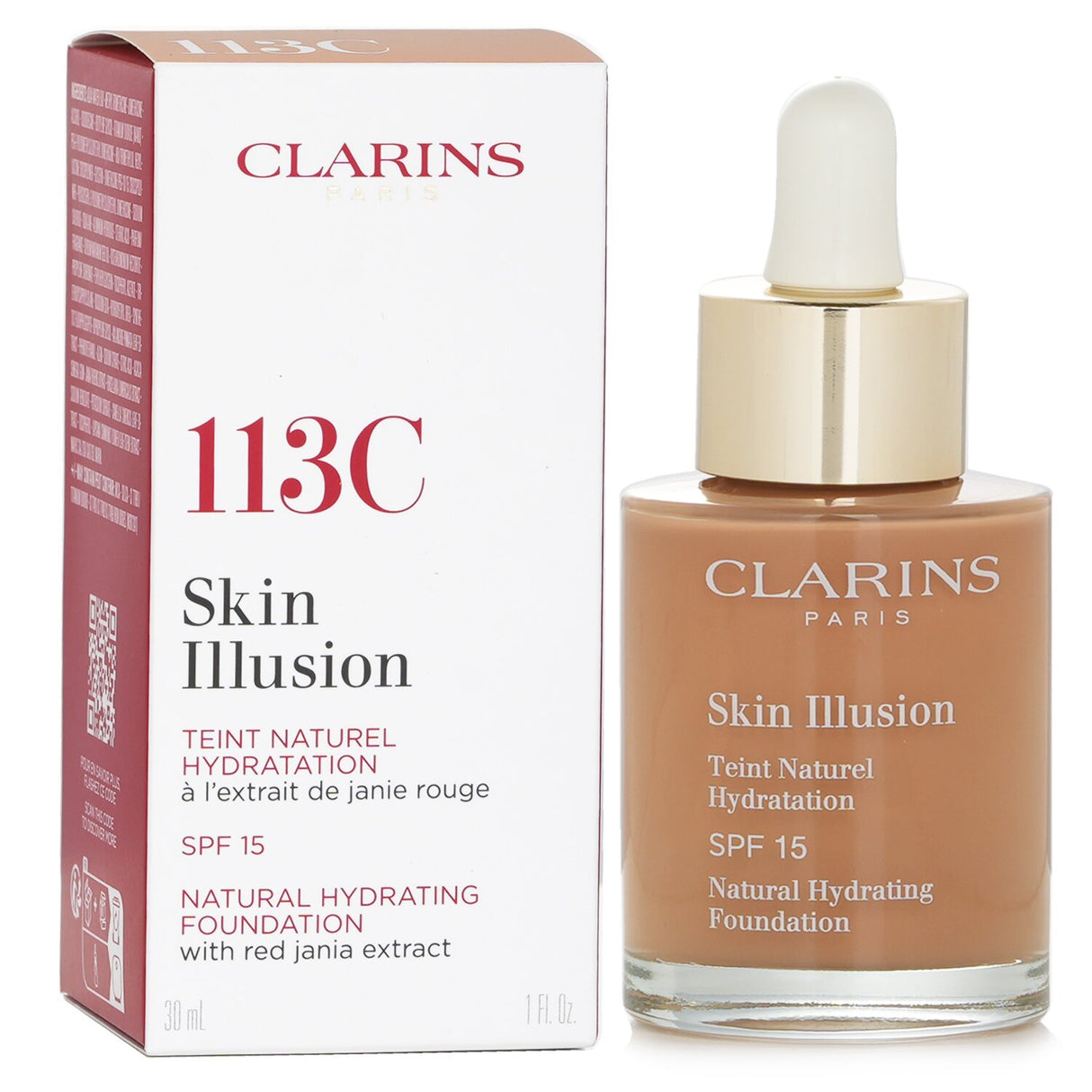 Clarins Skin Illusion Foundation SPF 15 in #113 Chestnut, a lightweight, hydrating formula for a natural, radiant complexion.