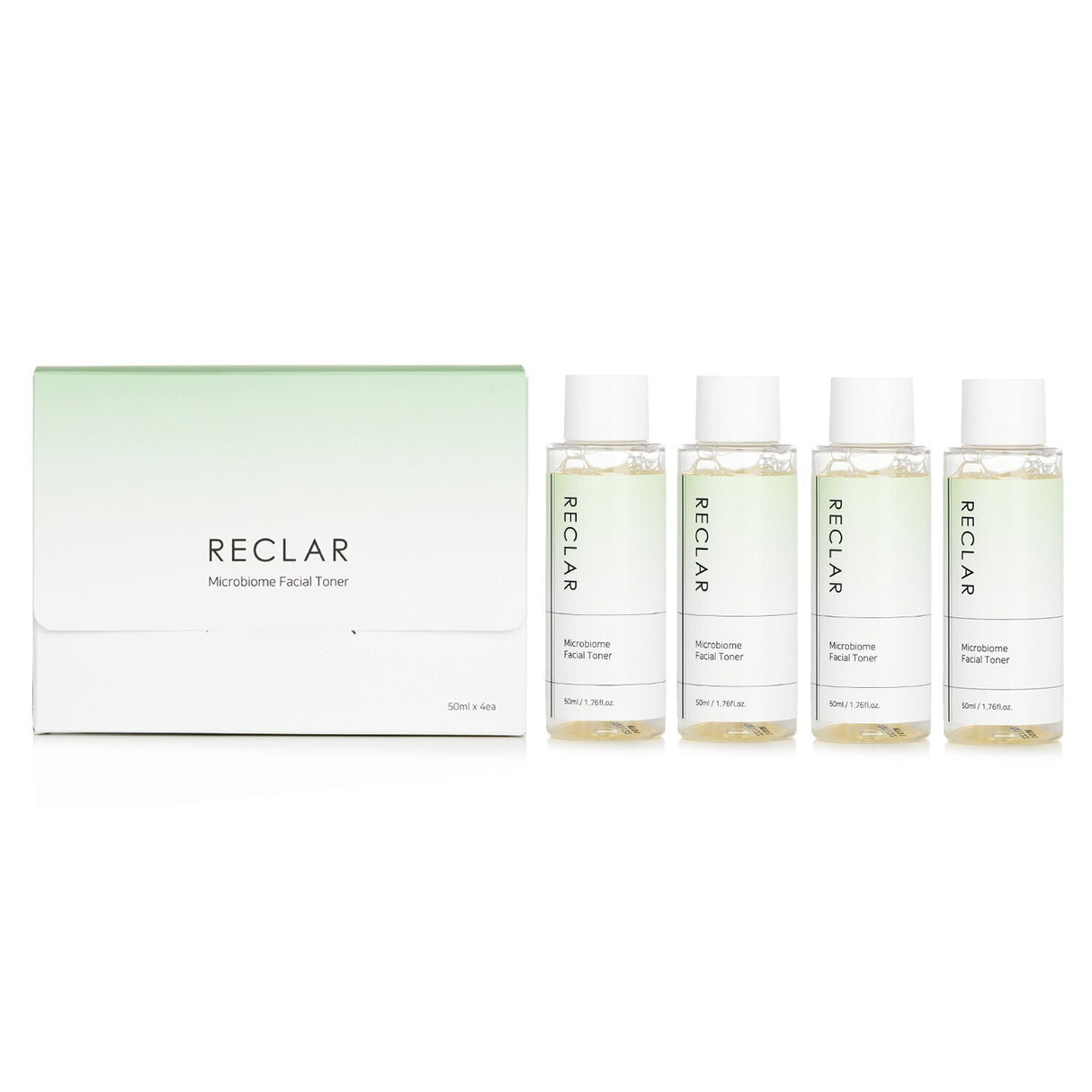Reclar Microbiome Facial Toner set of four 50ml bottles, enhancing skin balance with probiotics and hydration for a radiant complexion.