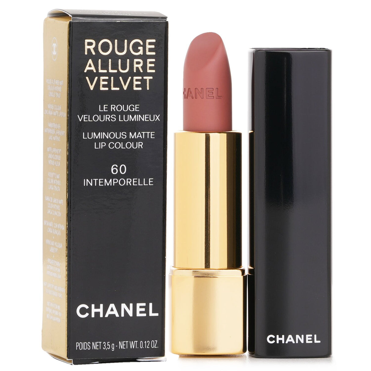 Chanel Rouge Allure Velvet #60 Intemporelle lipstick, 3.5g, offers a luxurious matte finish with deep pigmentation and hydration.