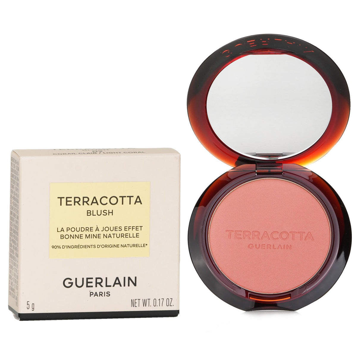Guerlain Terracotta Blush in #02 Corail, a lightweight coral powder blush for a natural, healthy glow and long-lasting wear.