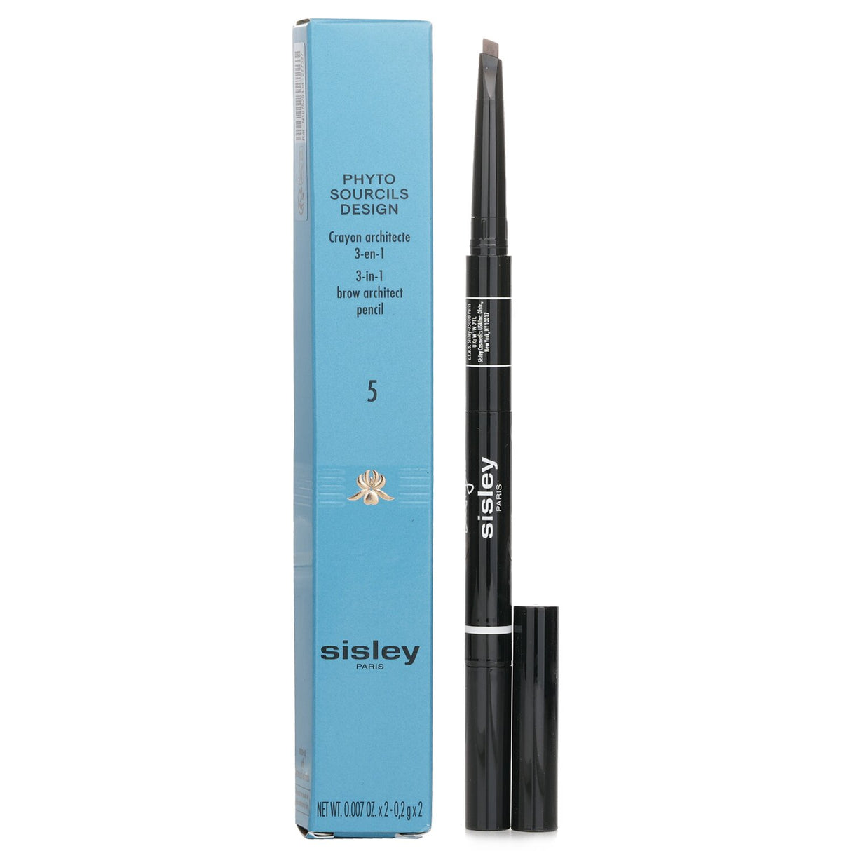 3-in-1 brow pencil in #5 Taupe with precision tip, brush, and highlighter for defined, long-lasting eyebrows.