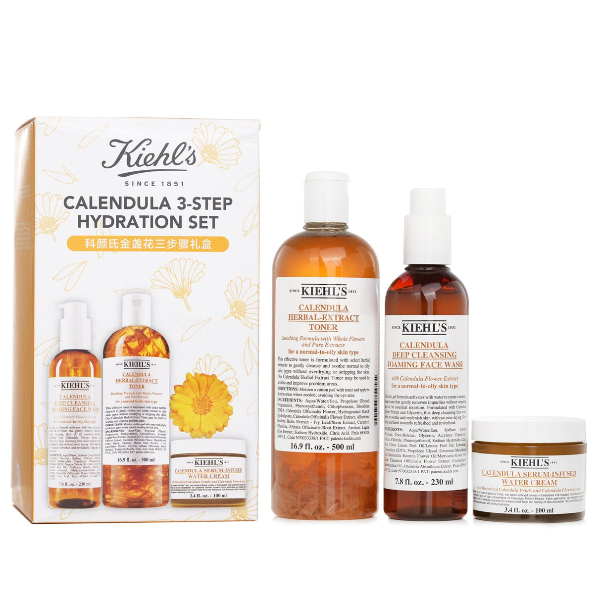 Kiehl's Calendula 3 Step Hydration Set: Face Wash 230ml + Toner 500ml + Water Cr