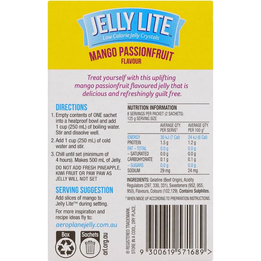 Aeroplane Jelly Lite Crystals Mango Passionfruit Low Sugar Sachet 2 x 9g