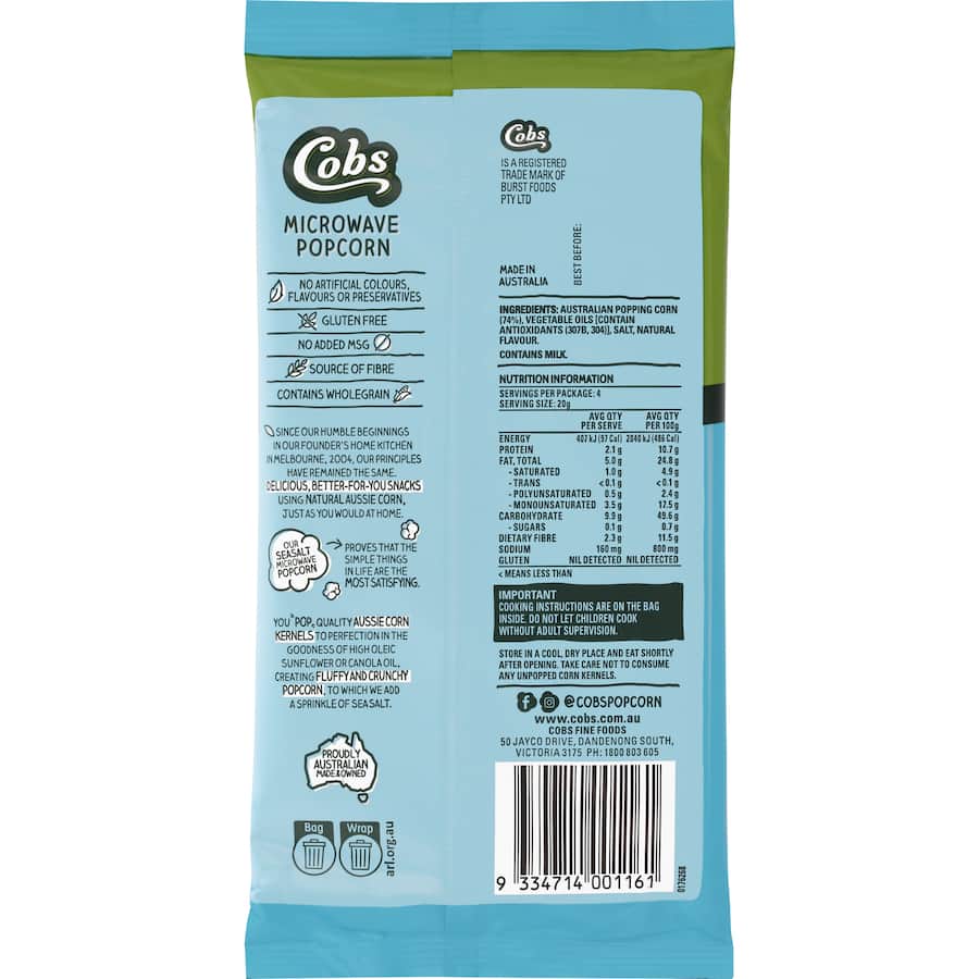 Cobs Popcorn Microwave Sea Salt 85g