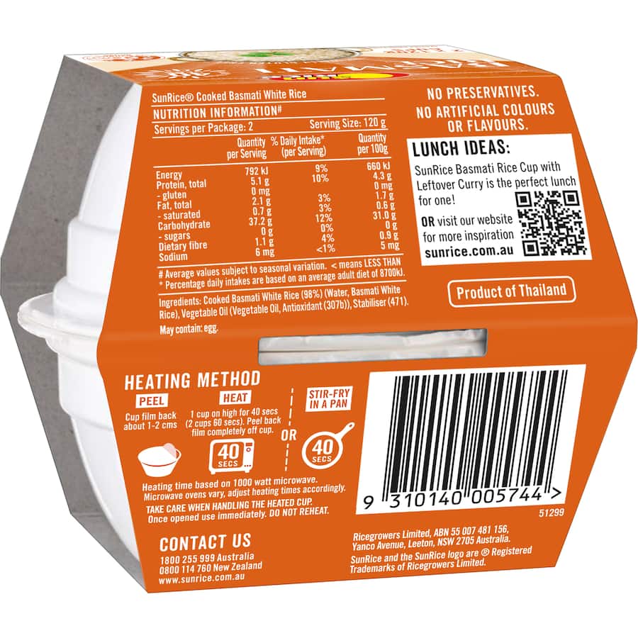 Sunrice Microwave Basmati Rice Cup 2 pack 120g