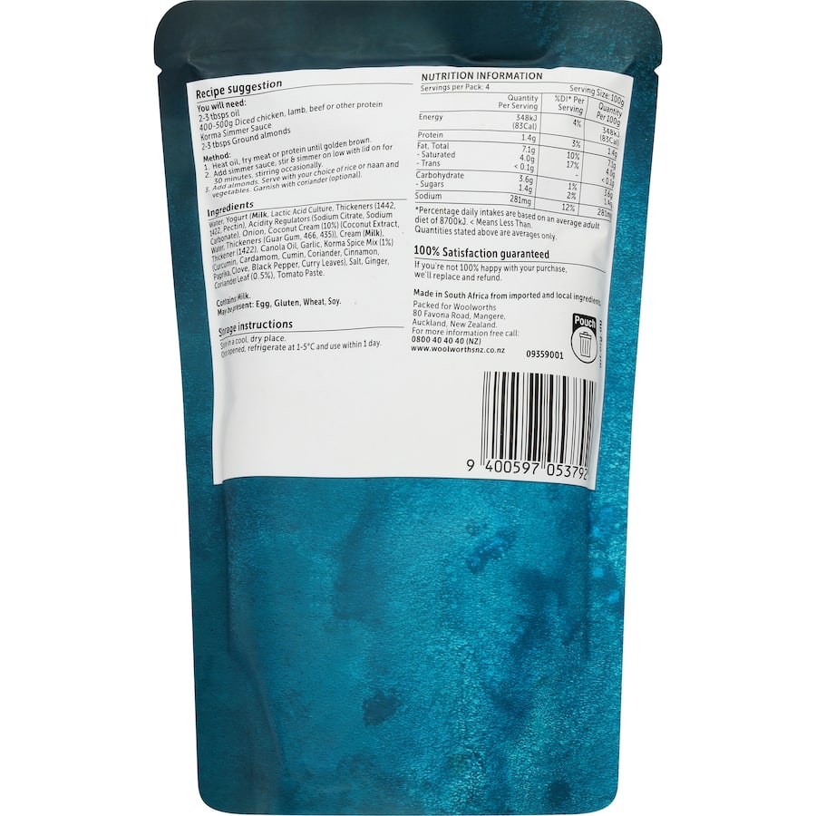 Woolworths Simmer Sauce Korma 400g