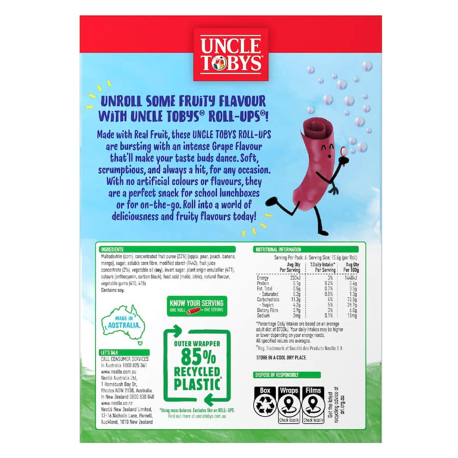 Uncle Tobys Roll-ups Fruit Snack Groovy Grape 6pk 94g