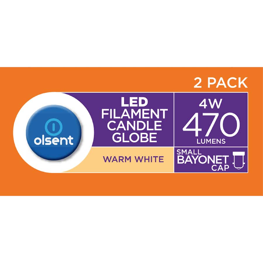 Olsent Bayonet Candle Bulb Led 4w 470 Lumen Warm White 2pack