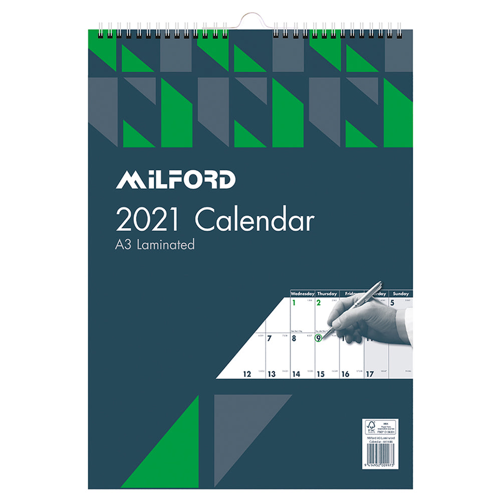 Milford Calendar FSC Mix 70% A3 Month To View Laminated Wiro Odd Year