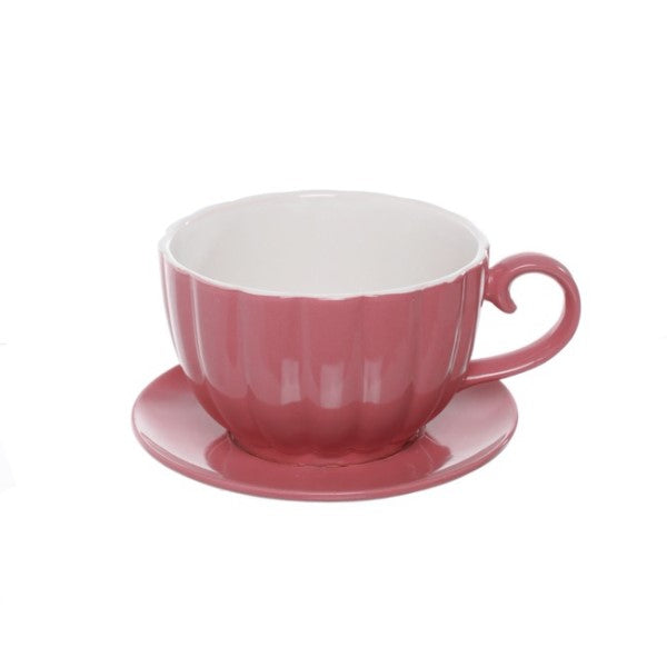 Vase /Planter - Ceramic Tea Cup Pot Saucer Drainage Hole Pink