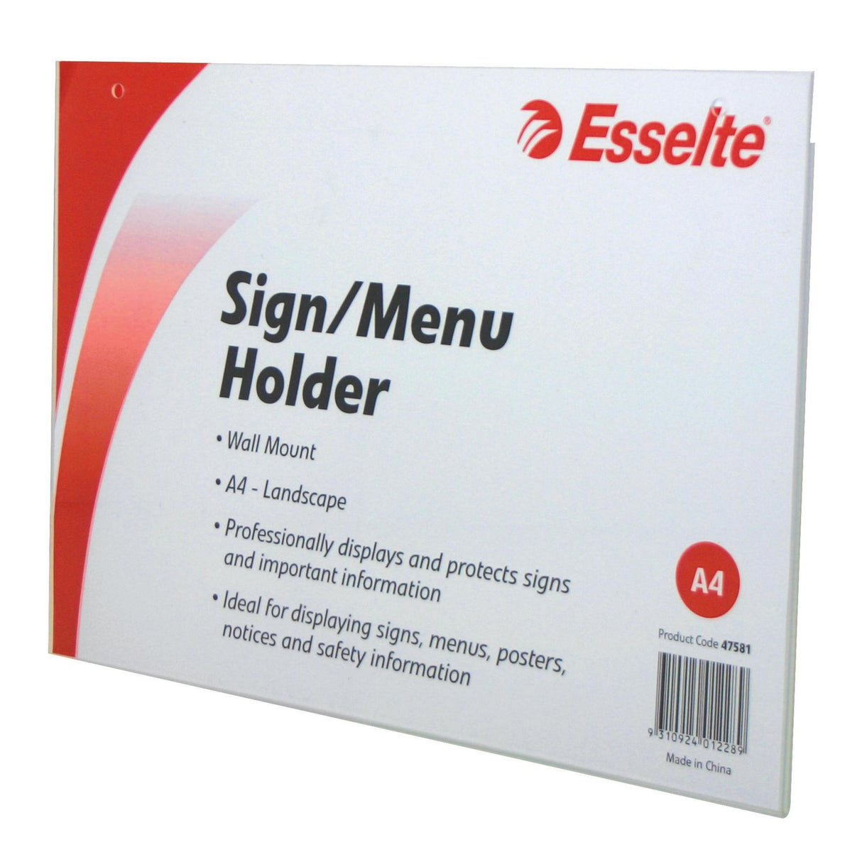 Clear wall-mounted A4 sign holder by Esselte, double-sided for menus and brochures, durable with sleek landscape design.