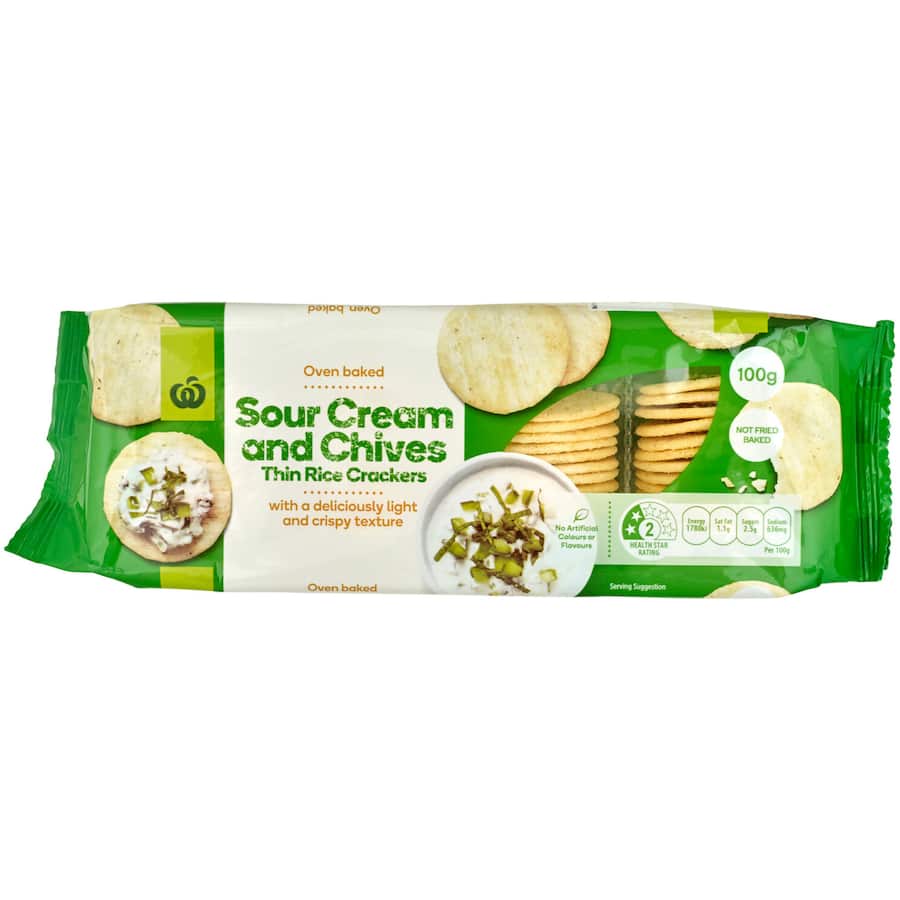 Woolworths Rice Crackers Thin Sour Cream & Chives 100g