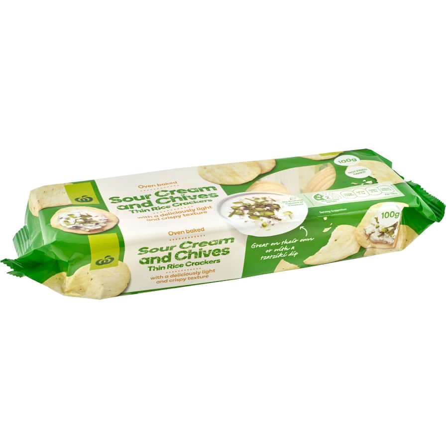 Woolworths Rice Crackers Thin Sour Cream & Chives 100g