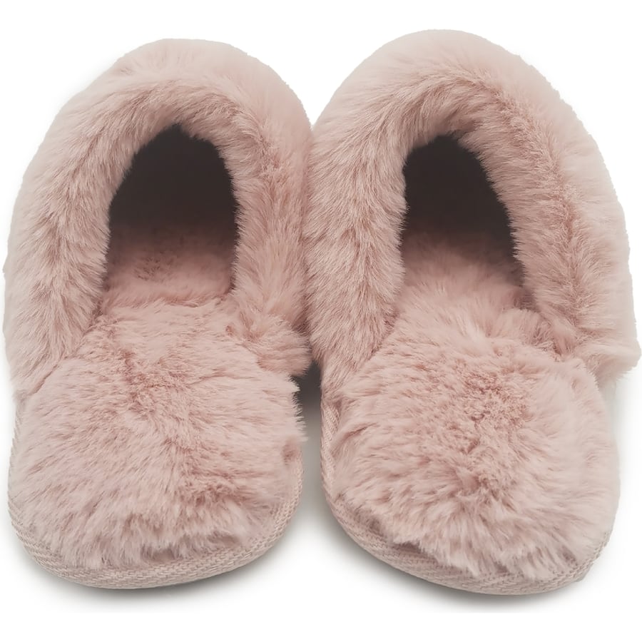 Satin Slippers Ladies Faux Fur Pink & Grey