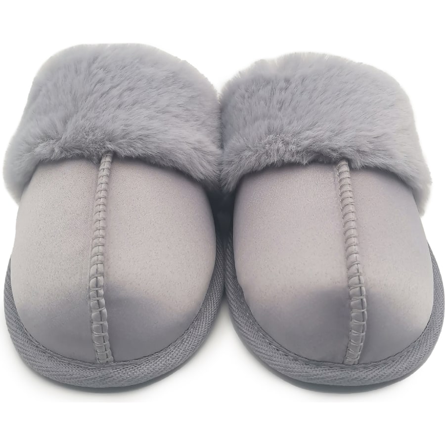 Satin Slippers Ladies Faux Fur Pink & Grey