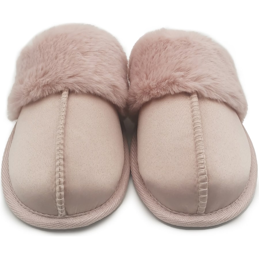 Satin Slippers Ladies Faux Fur Pink & Grey