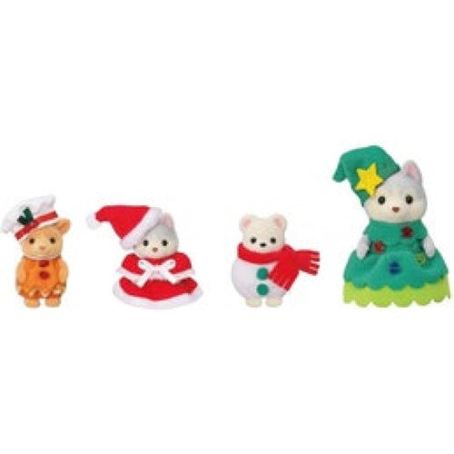 Sylvanian Families Happy Christmas Friends set featuring four poseable characters in festive outfits for imaginative play.