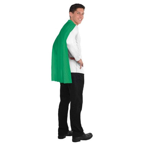 Bright green superhero cape made of durable polyester, featuring a secure neck closure, perfect for imaginative play for ages 6+.