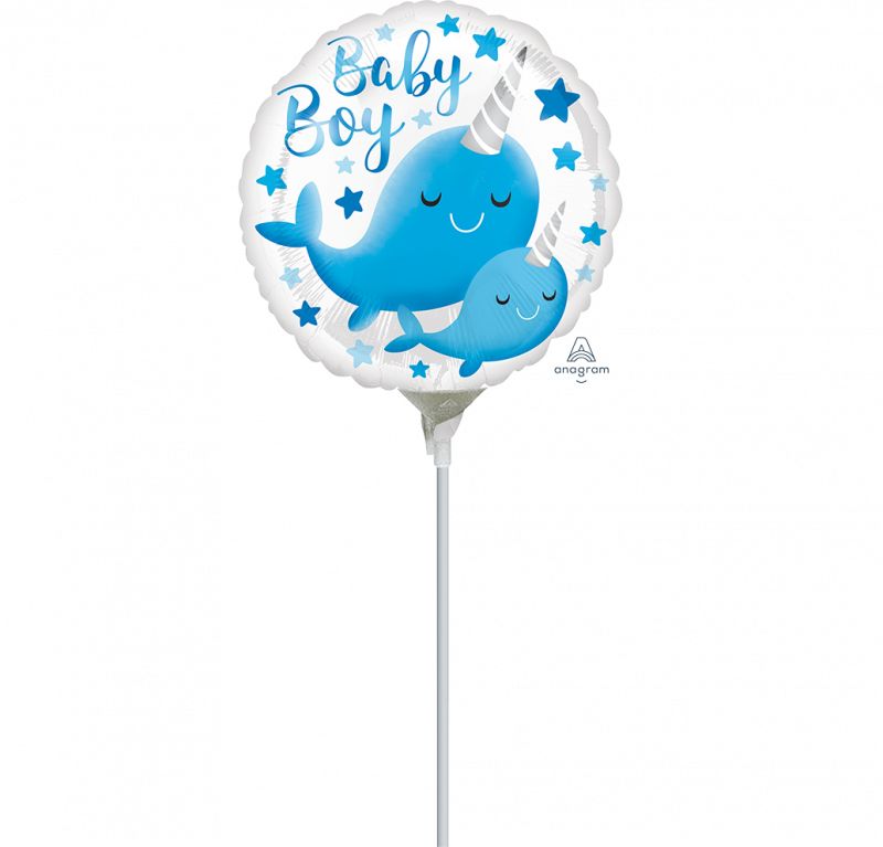 Whimsical 10cm foil balloon shaped like a narwhal, ideal for baby boy celebrations and festive decorations.