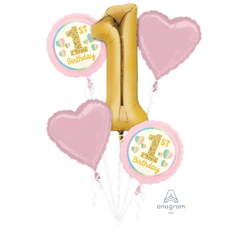 Foil Balloon - Bouquet Girl 1st Birthday Pink & Gold (Pack of 5)