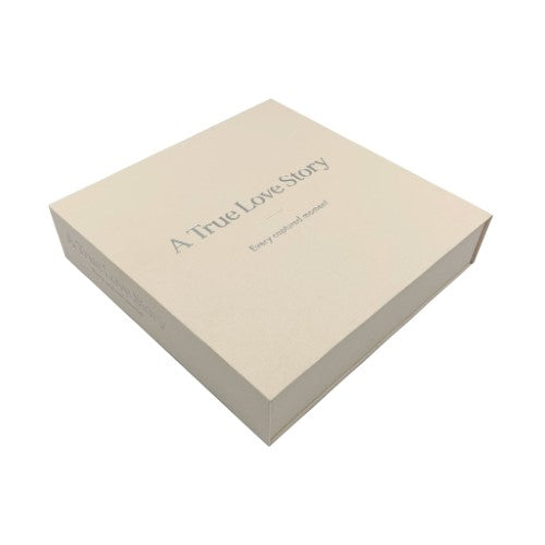 Handcrafted black photo album for 160 photos, featuring elegant cover and protective box with embossed silver foil text.