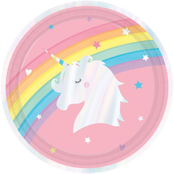Magical Rainbow 9" iridescent paper dinner plates in a pack of 8, perfect for vibrant party themes and easy cleanup.