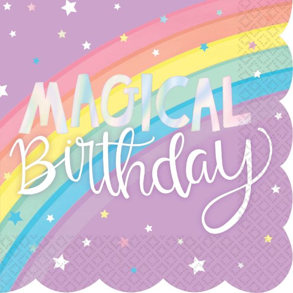 Colorful scalloped rainbow beverage napkins with hot-stamped foil, perfect for birthday parties and festive celebrations.
