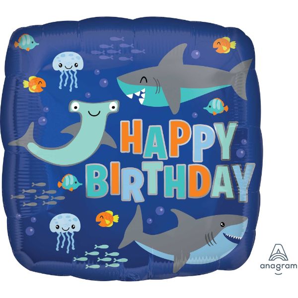 Balloon - 45cm Standard HX Happy Birthday Sharks