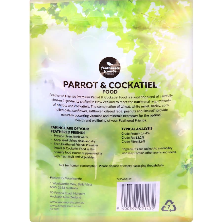 Feathered Friends Pet Food Parrot & Cockatiel Bird Seed Bag 500g