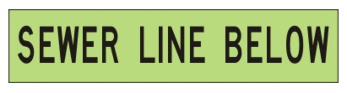 High-visibility green barricade tape with bold black text, marking hazardous sewer lines for safety on job sites.