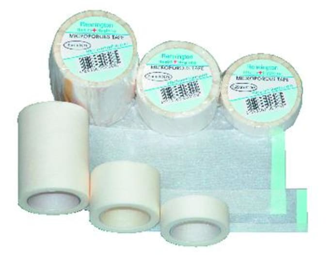 Microporous tape with dispenser for sensitive skin, 25mm x 9.1m, hypoallergenic, breathable, secure, easy application.