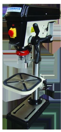 High-performance Model DB20 bench drill with 20mm capacity, T slots for clamping, and integrated safety features.