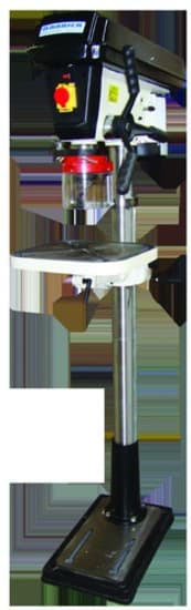 Heavy-duty DP25 Garrick Industrial Pedestal Drill with 25mm capacity, tiltable table, safety guard, and robust 750W motor.