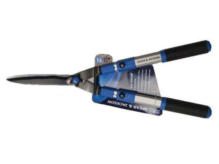 Premium hedge shear with wavy blade design for efficient cutting and ergonomic handle for comfortable use.