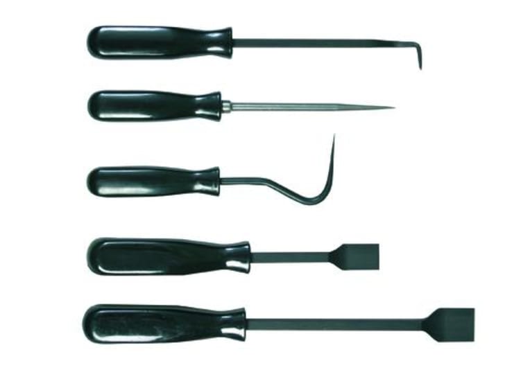 Toledo 5 Piece Scraper & Hook Set featuring durable tools for automotive and plumbing projects, with comfort-grip handles for precision.