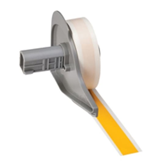 Bright yellow BMP71 vinyl tape, 13mm wide, durable for indoor/outdoor use, adheres to various surfaces, ideal for high-visibility marking.