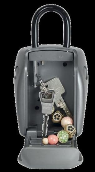 Heavy-duty portable lock box with resettable 4-digit combination, weather-resistant design, and durable zinc alloy construction.