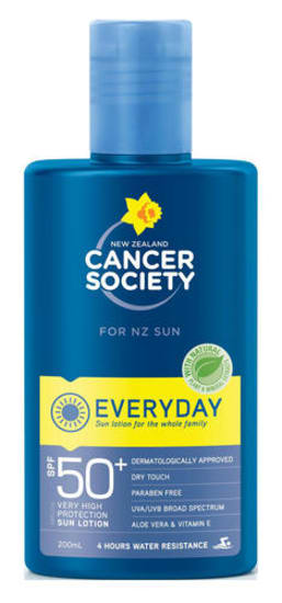 Cancer Society EveryDay Sunscreen Lotion SPF50+ in 200ml, offering broad-spectrum protection with a dry touch finish.