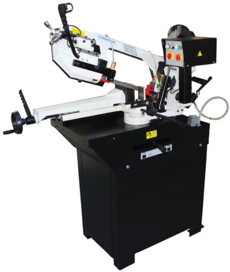 Garrick BS260HD Bandsaw on stand, featuring a swivel head for 60° mitre cuts and integrated coolant system for precision cutting.