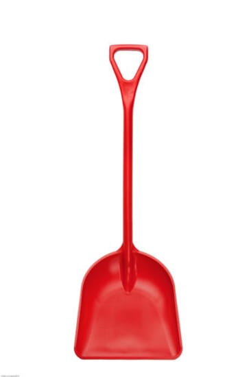 Heavy duty red plastic shovel, 1120x350mm, food safe and impact-proof for construction and gardening tasks.
